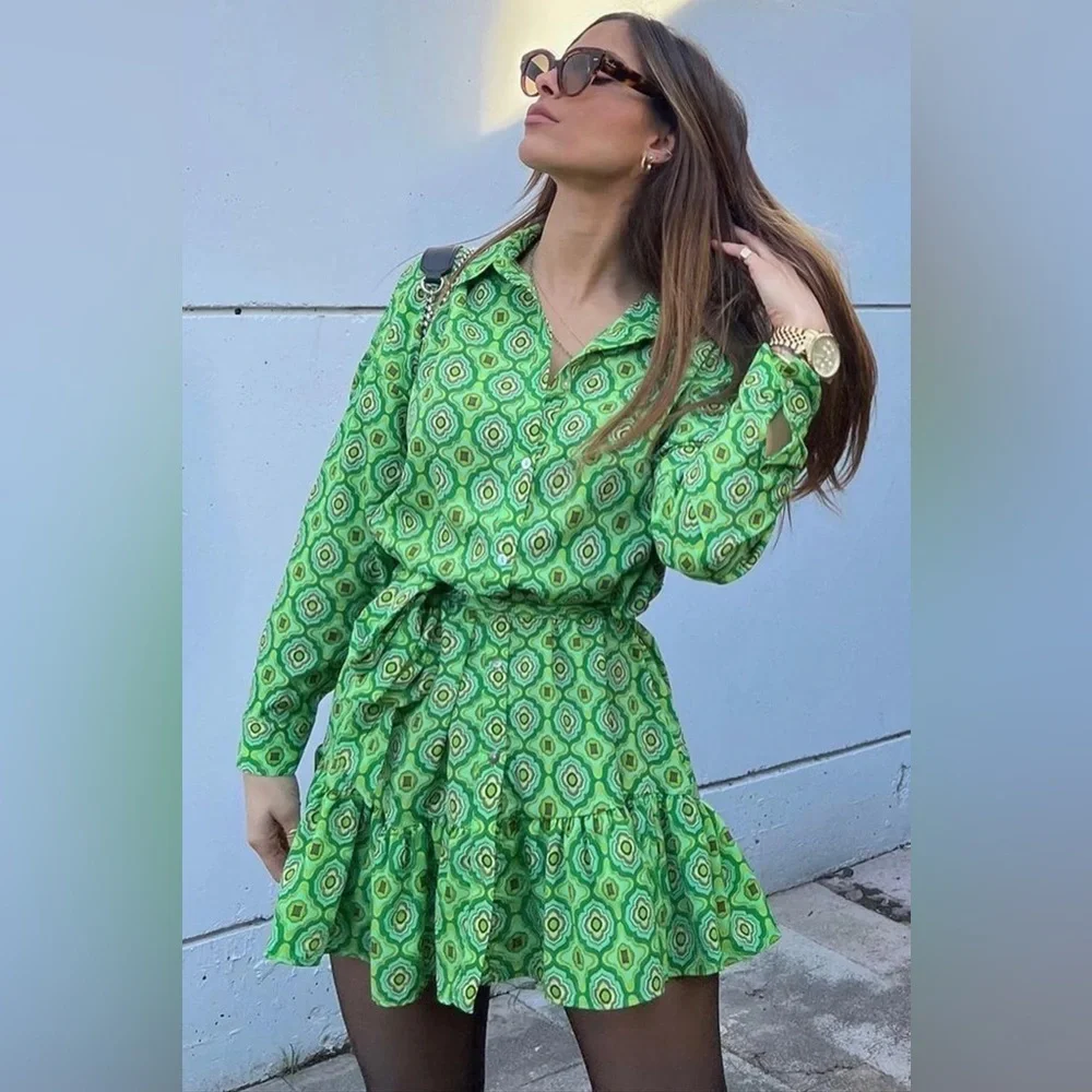 ZARA Geometric Print long sleeves Shirt Dress Size S
